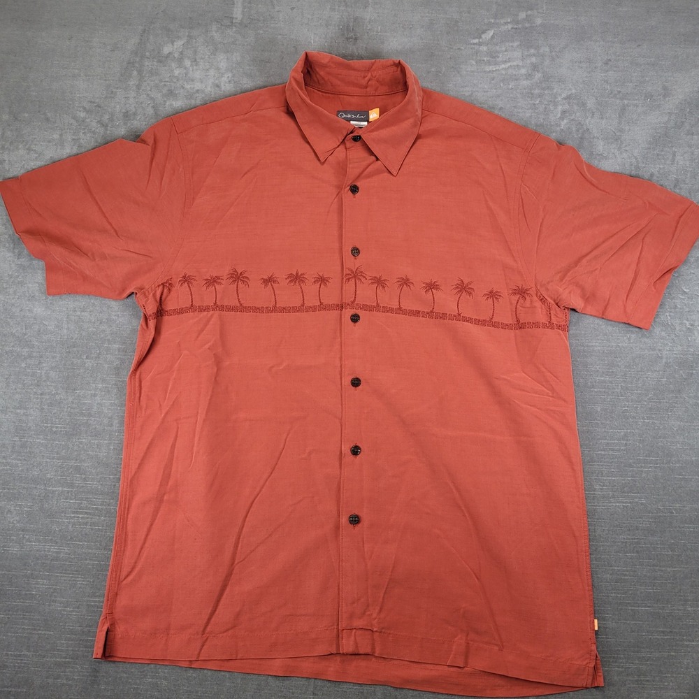Quiksilver Mens Large Burnt Orange Palm Tree Embroidered Button Down‎ Surf Shirt